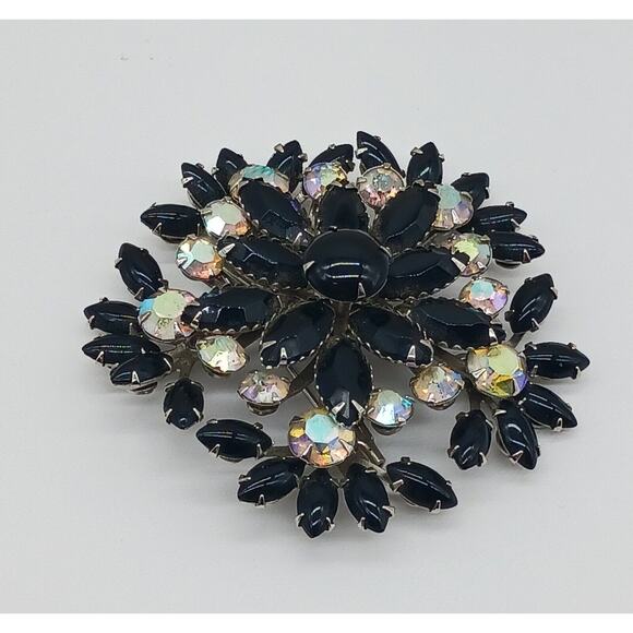 Amazing Bold Black Navette Prong Set Round Aurora Borealis Rhinestone Brooch Vtg - Picture 4 of 11